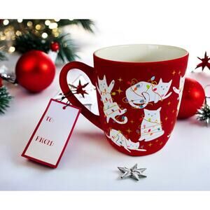 NEW Peppermint & Pine White Cats Christmas Lights 18oz Satin Pink Coffee Tea Mug